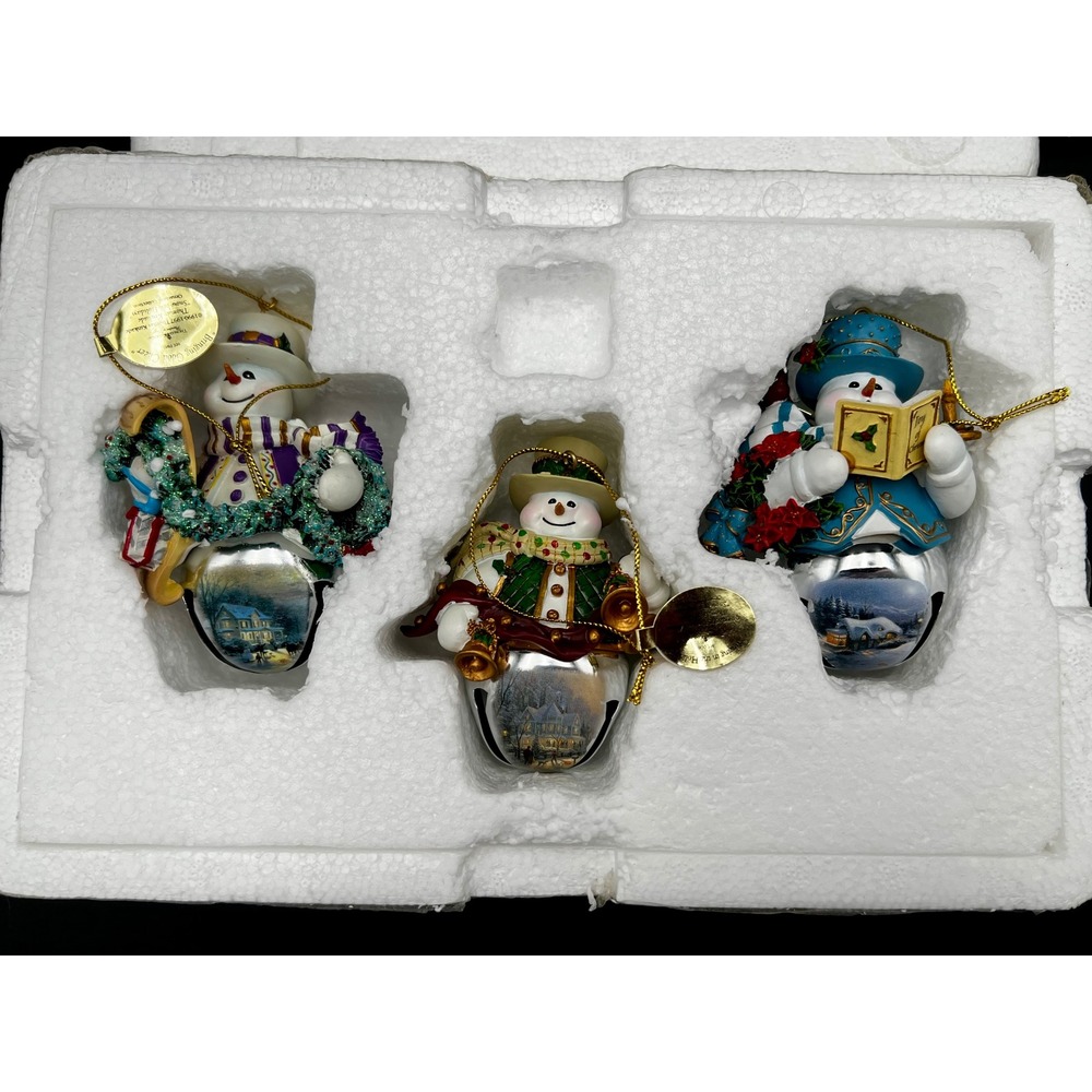 Thomas Kinkade Snow-bell Holidays Snowman Ornament Set of 3 Silver Bell 1997-98